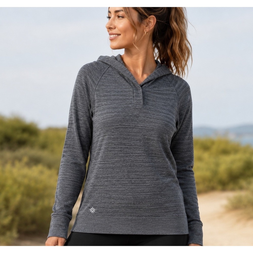 ATHLETA Lightweight Soft Wool Blend Gray Hooded Sweater Sz. XL Ribbed Sweatshirt